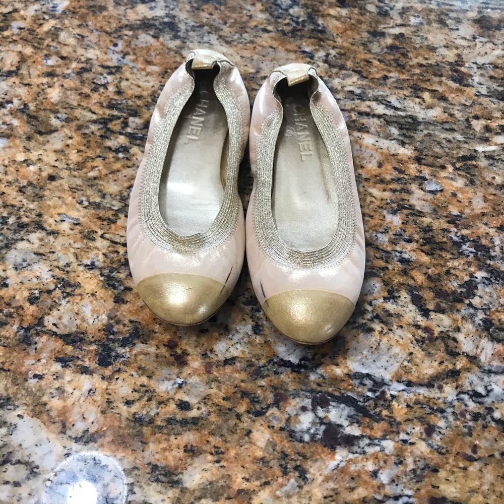 Chanel Cap-Toe Gold Shimmer Flats Sz7.5